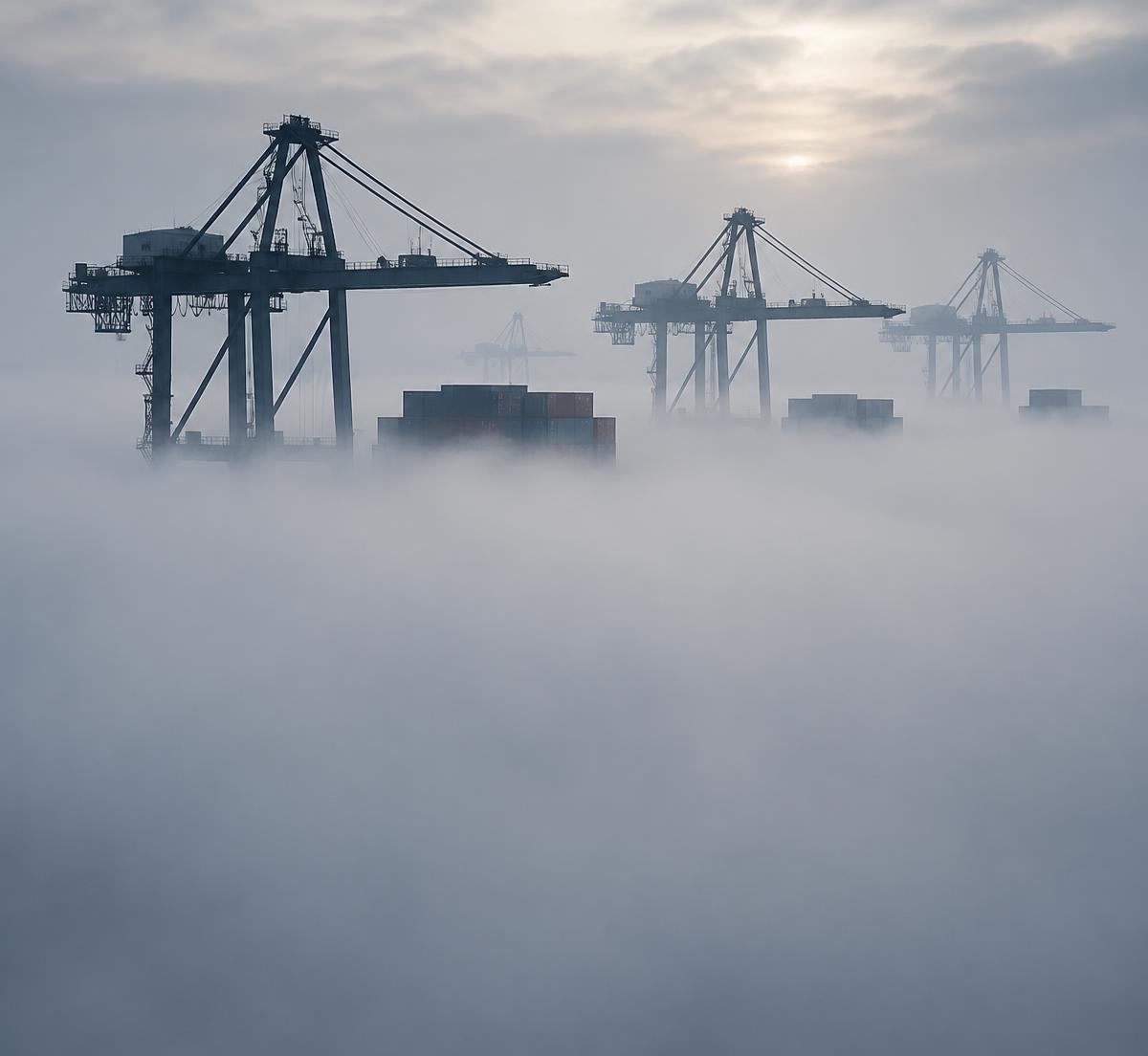 Guindastes de terminal portuário surgindo da neblina ao amanhecer